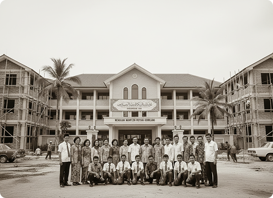 Keluarga besar Al Azhar Kelapa Gading di depan gedung sekolah tahun 2000